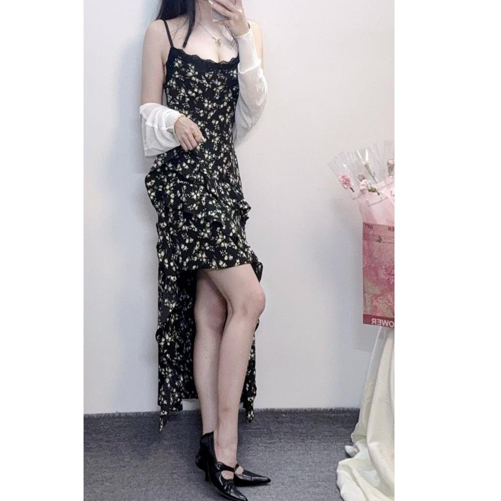 New early spring cold black floral suspender dress children's French temperament irregular long dress
