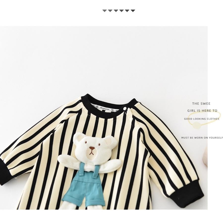 Long Sleeve Striped Animal Romper with Stuffed Soft Korean Baby 90cm [EnDast] Animal, Material, Children's Clothing, Clothing, Gift, 66cm, 73cm, 80cm,