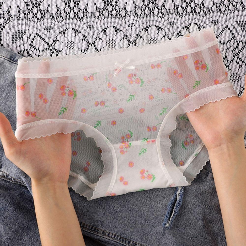5PCS Mid Waist Transparent Floral Briefs Seamless Underwear for Women Mesh Flower Panties  Gifts