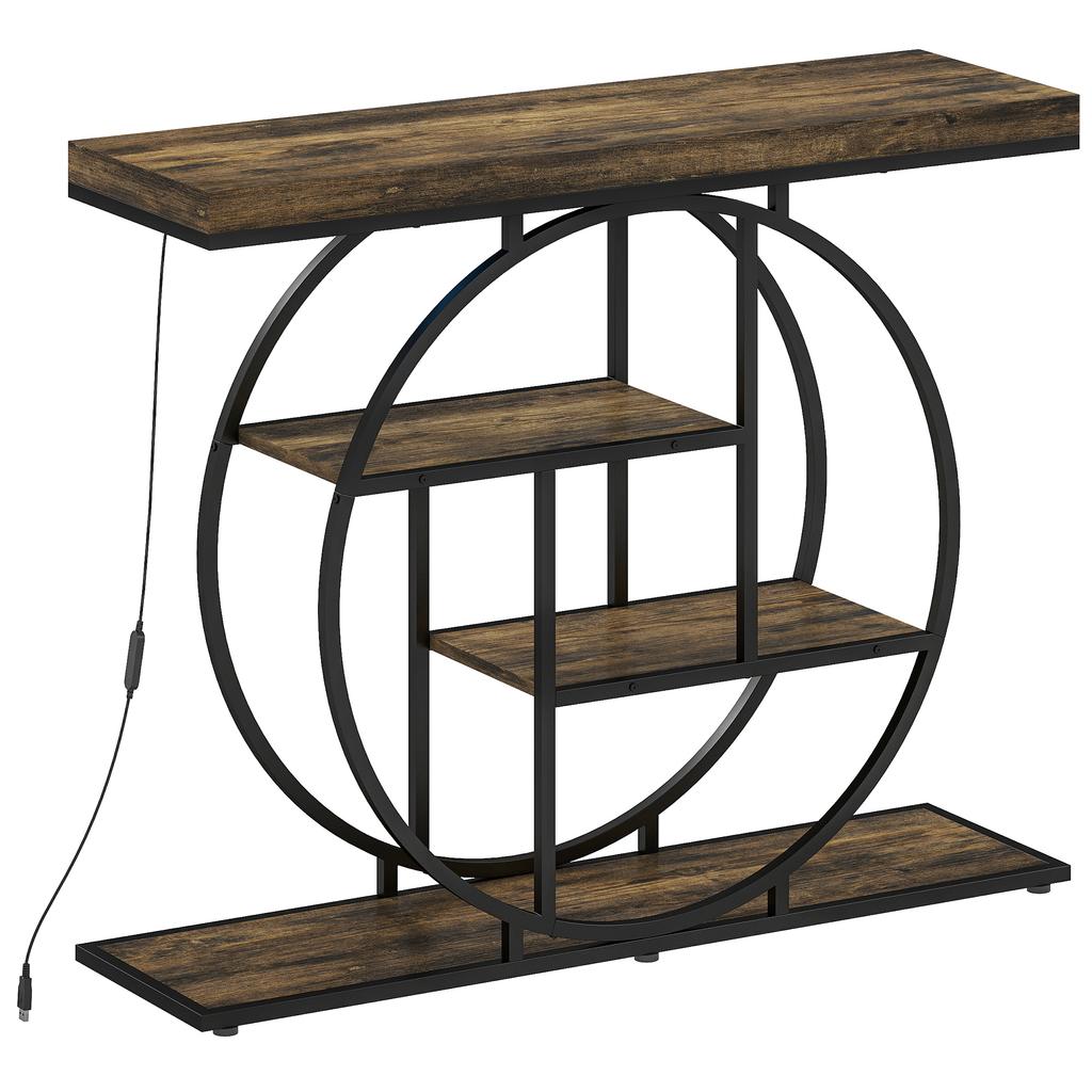 Console Furniture With LED Lighting 100 Cm Table Console With 4 Levels And Open Shelves Rustic Brown And Black