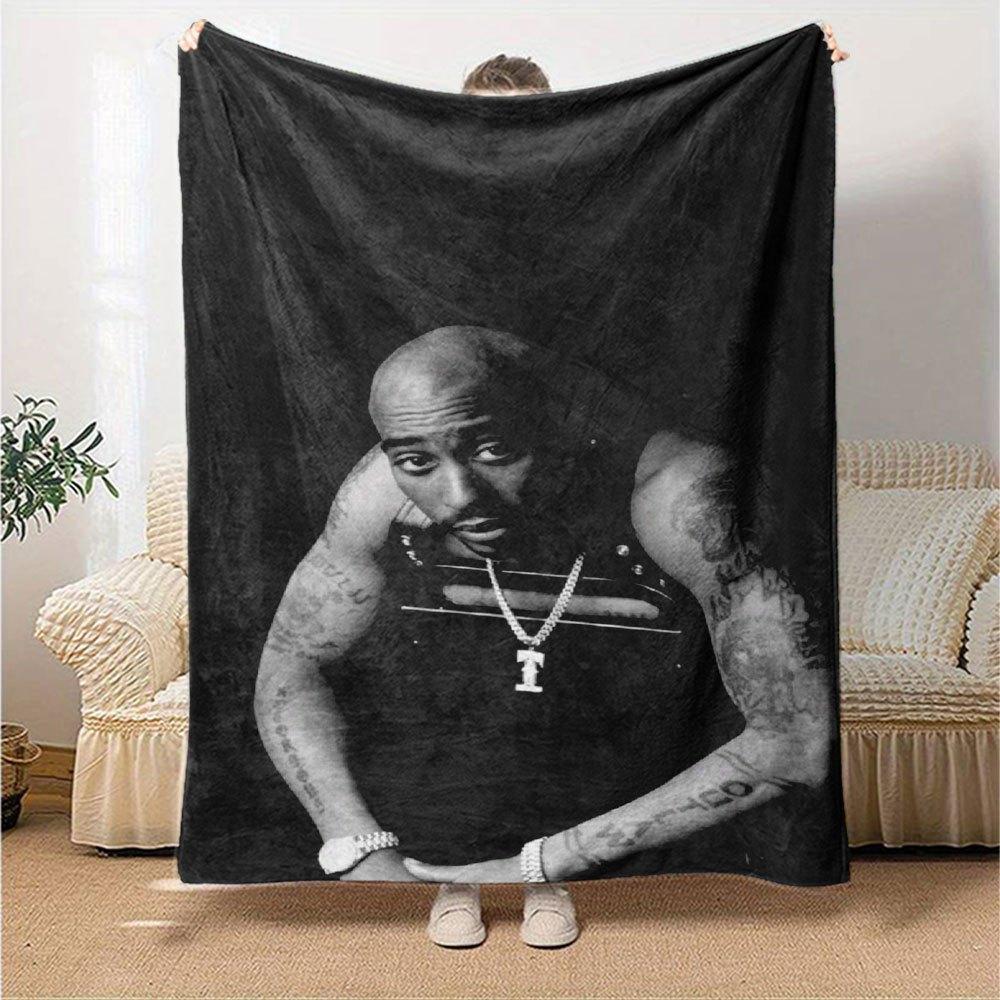 1pc 2PacHip Hop Blanket Soft Lightweight All Season Multi Purpose Throw for Sofa, Bed, Office & Picnics, French Style with Iconic Album Art & Quotes