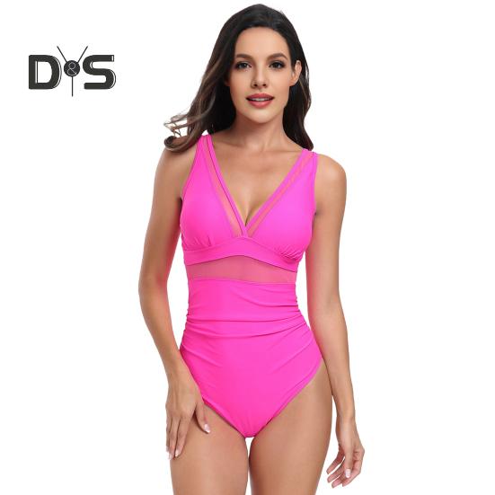 Dámské monokini s hlubokým výstřihem do V, bez rukávů, kontrolní bříško, plážové oblečení, zeštíhlující síťované průsvitné jednodílné plavky