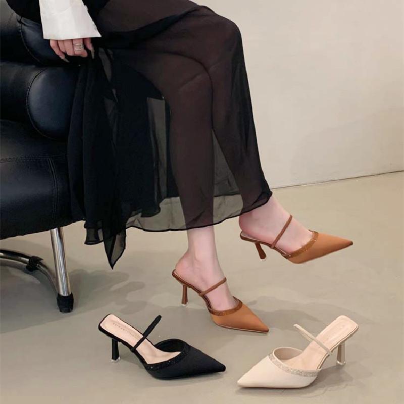 Elegant Pointed Toe Slippers for Women Summer Sexy Backless Slide Sandals Fashion Party Rhinestone Design Thin Heel Pumps Female