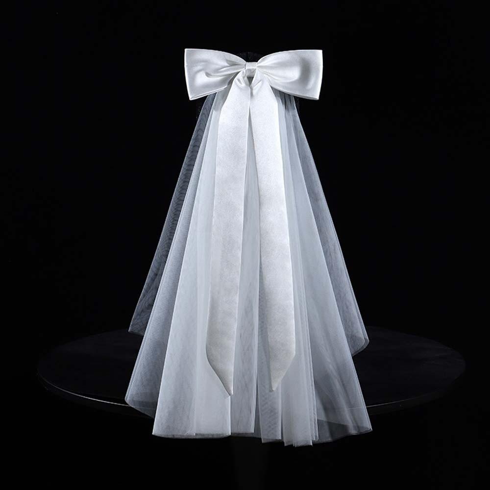 Single Layer Bride's White Headgear Romantic Bridal Headdress Elegant Long Satin Bow Veil  Wedding