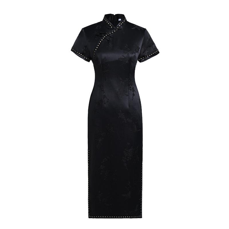 1011 new cut flower silk high-end black cheongsam summer old Shanghai retro lace Chinese style female Republic of China style