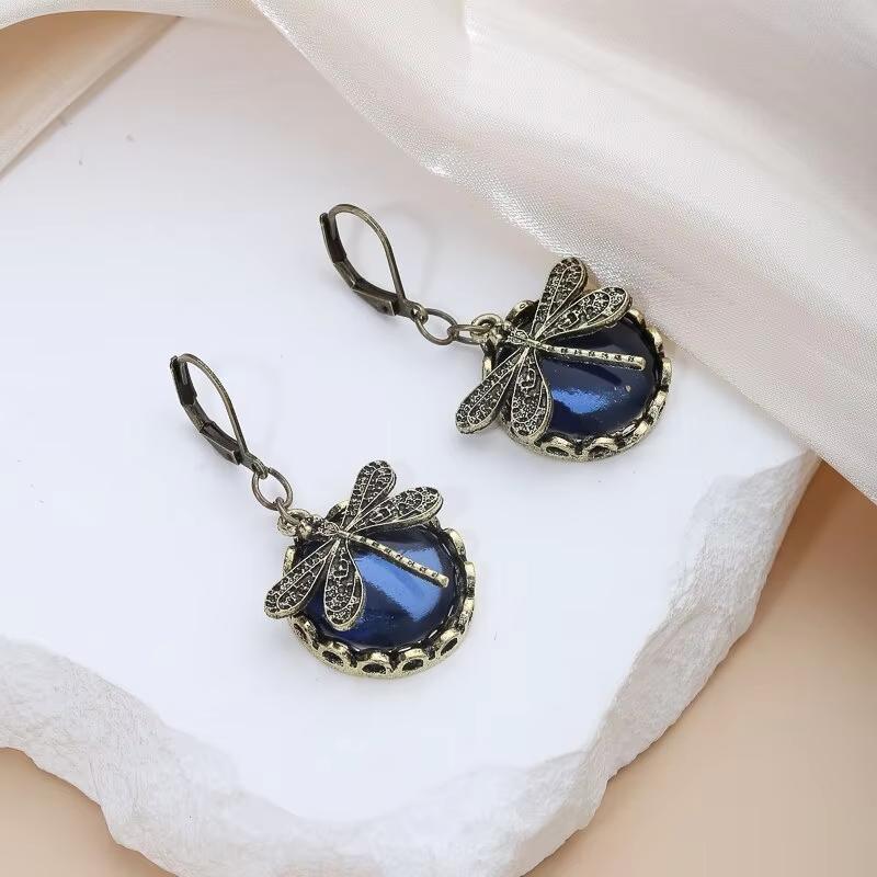 Vintage Dragonfly Drop Earrings for Women, Antique Bronze Blue Gem Dangle Earrings, Boho Retro Insect Statement Jewelry