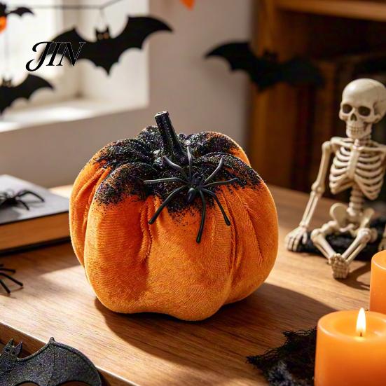 Holiday Showcase Decorations Halloween Pumpkin Spider Ornaments, Spooky Tabletop Decoration, Glitter Decor Glittering for Home Party Retro Fall