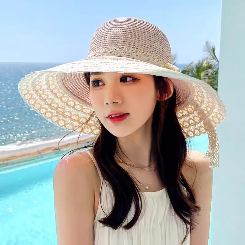 Lace Bow Straw Hat Women's Summer French Large Brim Sunscreen Hat Seaside Beach Vacation Sun Hat