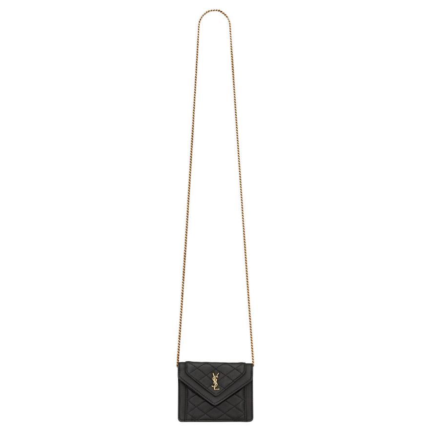 Saint Laurent YSL Gaby Gold Logo Quilted Lambskin Chain Crossbody Shoulder Bag Women bags Black 685612-1EL07-1000