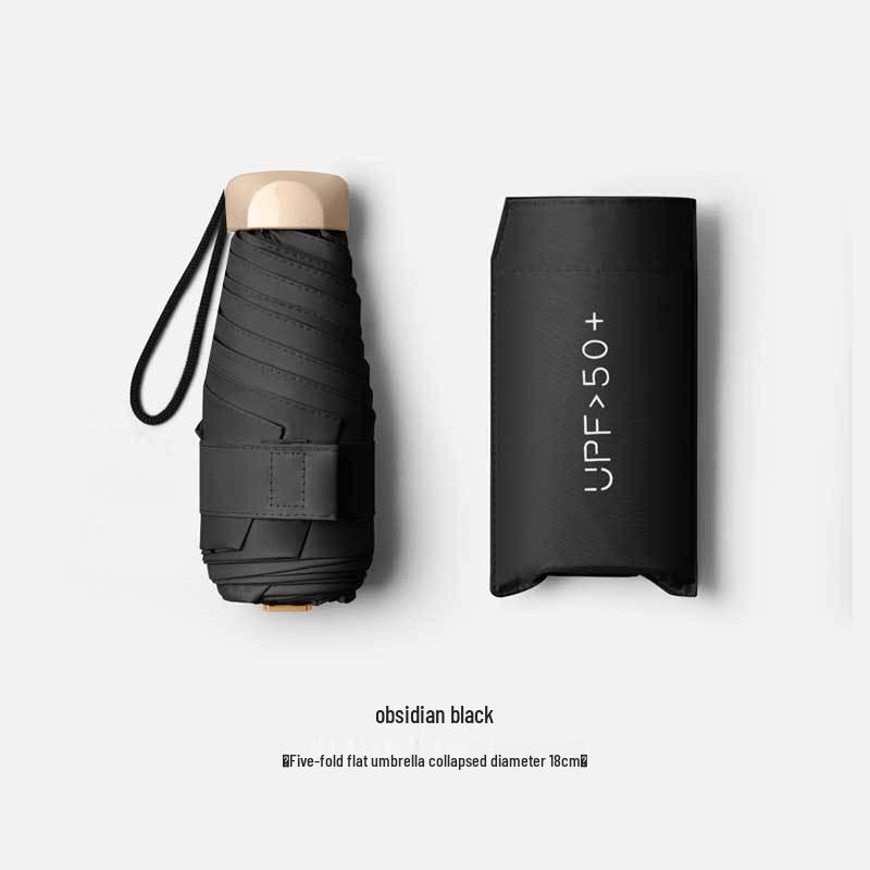 Five-Fold UV Protection Compact Sun and Rain Umbrella, Black Glue Coating.