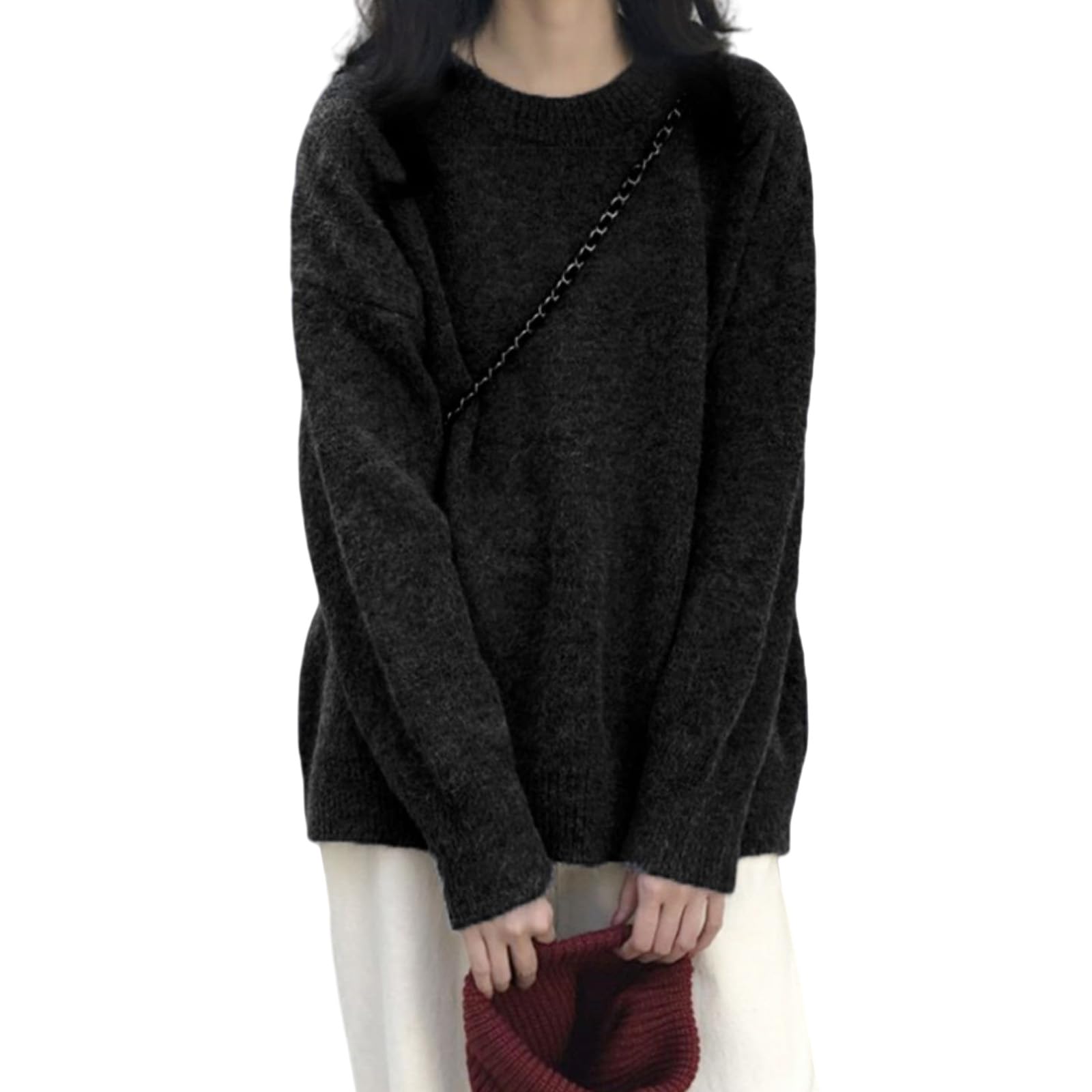 

Vmiutyer LLOP Oversized Long Crew Loose Solid Knit Top for Autumn and Winter Women s Sweater, Medium-Weight, Flattering, Rip-Knit, Sleeves, Neck, Fit, чорний