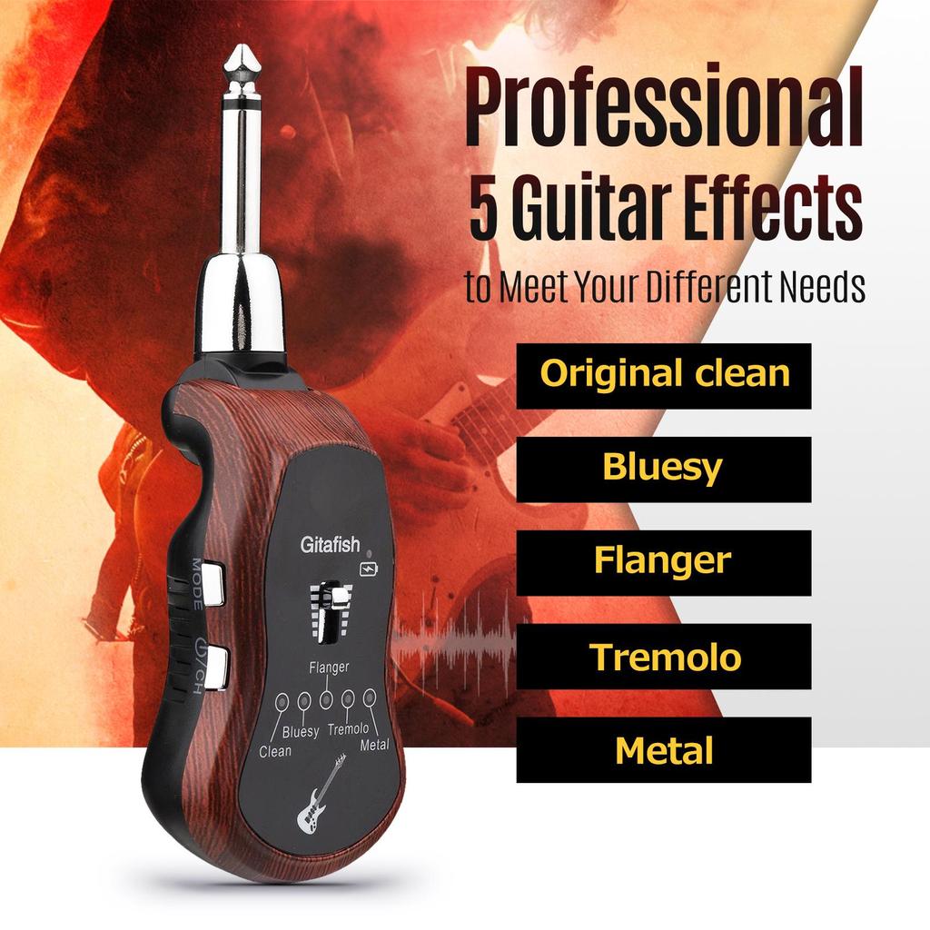 Portable UHF Guitar Wireless System Transmitter + Receiver 10 Channels Built-in 5 Effects