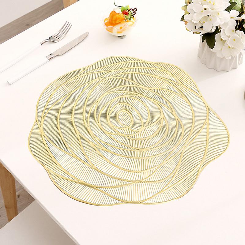 Flower Rose Round Placemats Restaurant Hollow PVC Decoration Meal Mat Anti-hot Dining Table Steak Plate Gold