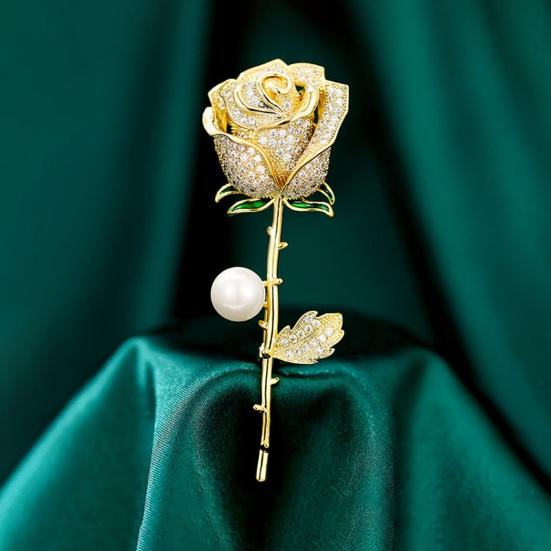 Elegant Rose Flower Shape Brooch Rhinestones Inlaid Faux Pearl Pin Bouquet Suit Lapel Badge Women Wedding Coat Accessories