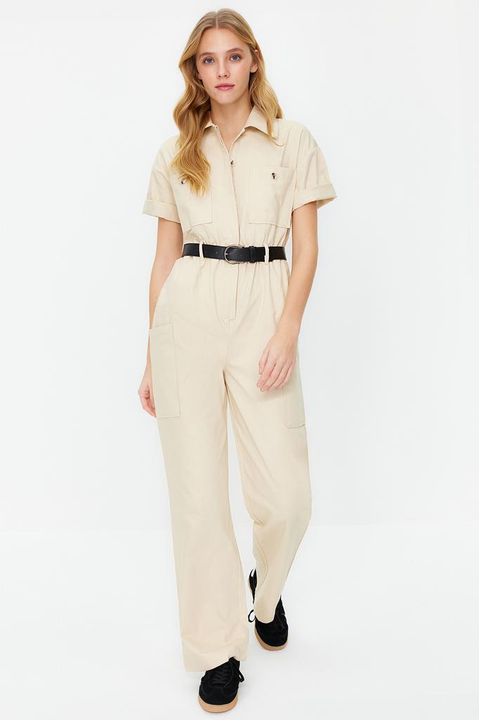 Women's Fashion Overalls Shirt Collar Short White Short Sleeve Belted Denim Overalls