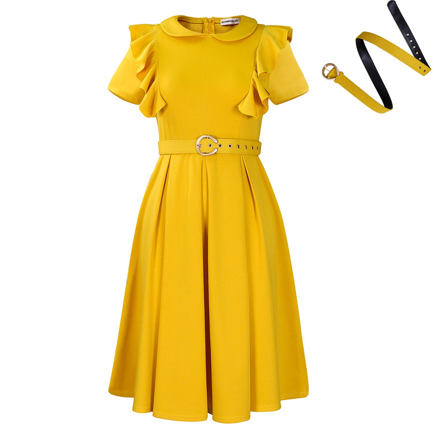Women s Short Sleeve Doll Collar Solid Color Ruffle Hem Dress XXL