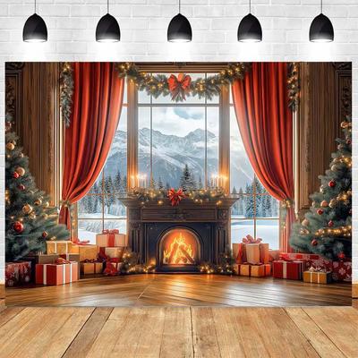 Decoración de Navidad Fondo Chimenea Árbol de Navidad Regalos Cortina Roja Decoración Fiesta Navideña Familiar Fondo Fotografía Banner