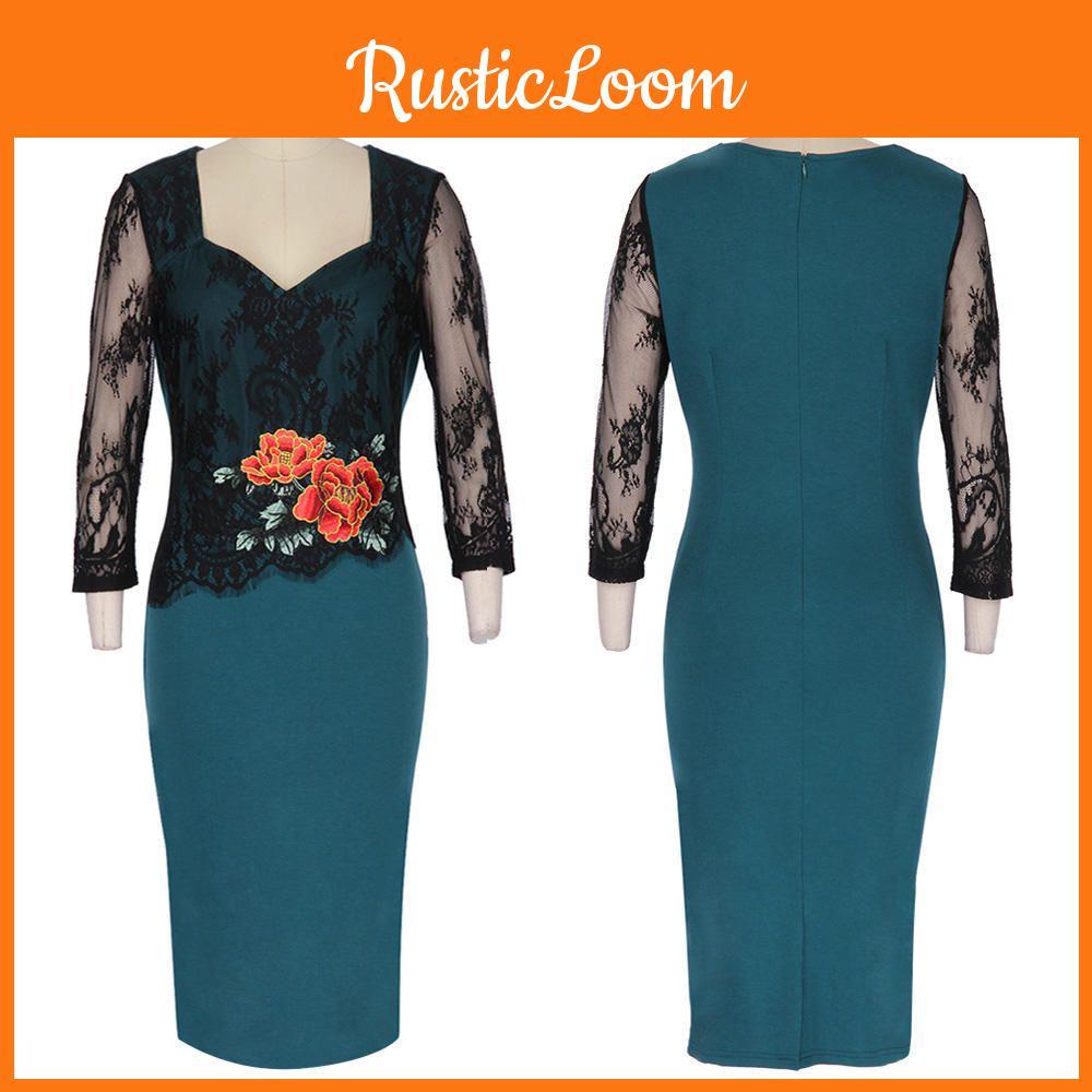 Office Women Sexy V-neck Lace Embroidered Floral Cocktail Evening Party Dress In Premium Quality Fabric