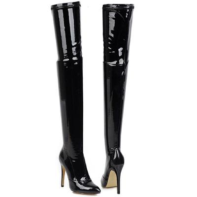 Stretch Thigh High Boot Women Sexy Black Over the Knee Boots Female High Heels Pointed Autumn Patent Long Stripper Shoes Ladies
