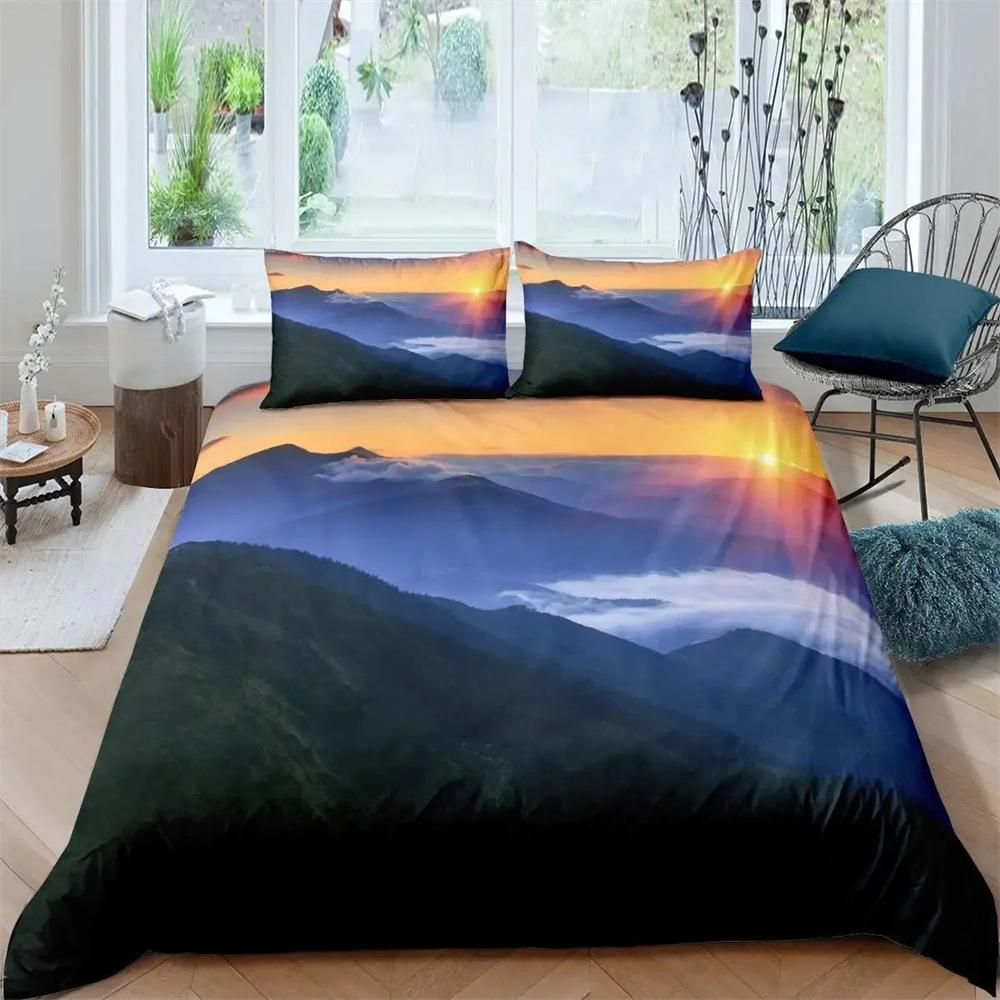 Smoky Mountain Duvet Cover Collection Misty Forest Bedding Collection Full Queen Size Grey Trees Natural Scenery Art Comforter Cover