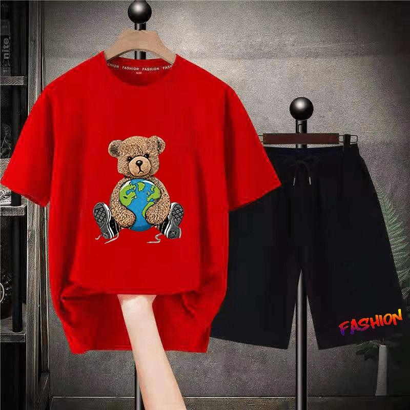 Korean Brand Bear Print T-shirt Men's Cotton Short-sleeved Oversized T-shirt Hip-hop Retro Suit Unisex Free Shipping