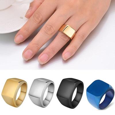 European Fashion Luxury Men's Vintage Signet Rings Titanium Smooth Wide Square Finger Rings Stainless Steel Ring