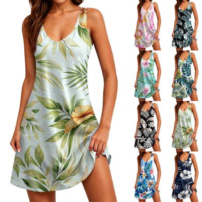 Women Sleeveless V Neck Casual Dress Hawaiian Print Summer Vacation Dress with Pockets Lightweight Beachwear