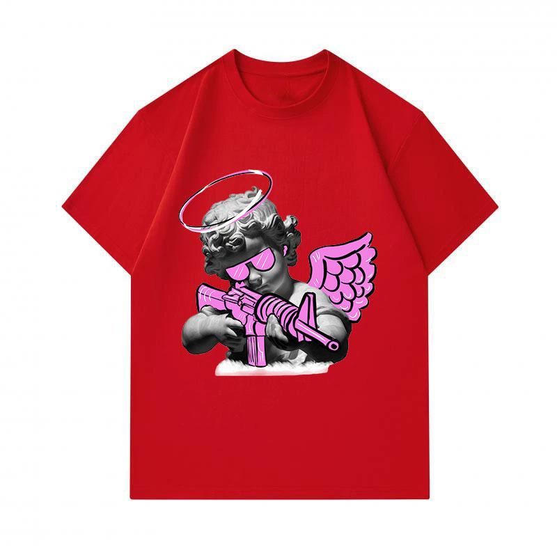 Men's 100% Cotton Crew Neck Short Sleeve T-Shirt, Cool Neon Pink Angel Cherub with Gun Printed Casual Lightweight Summer Daily Tee for Streetwear Love