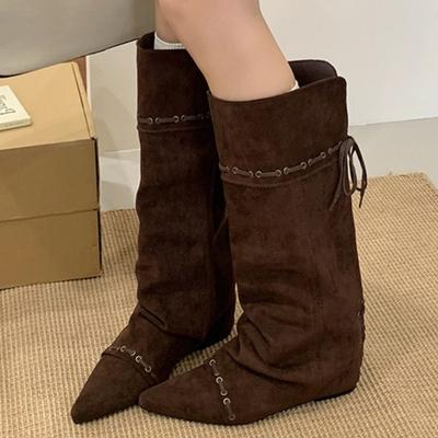Fashion Autumn Winter Pointed Toe Women Knee-High Boots Punk Vintage Designer Lace-up Insoles Height Wedges Heels Shoes