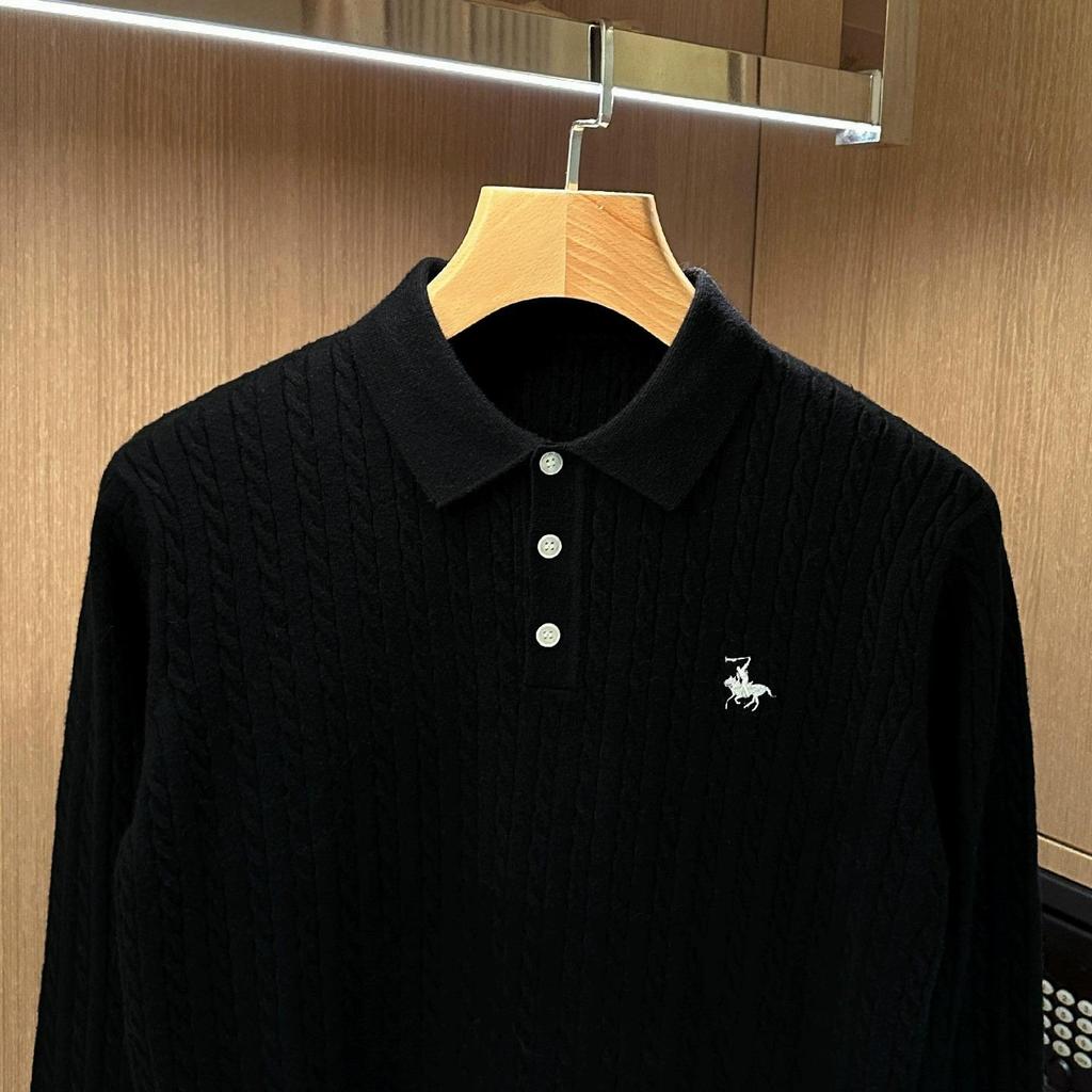 Men's High-End Retro Cable Knit Slim Fit Polo Sweater - Minimalist Long Sleeve Lapel Style