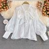 Sweet Women's Blouse Solid Color Butterfly Tie Lace-up Collar Long Sleeve Loose Stright Blusas Shirt Female All-matched Fashion