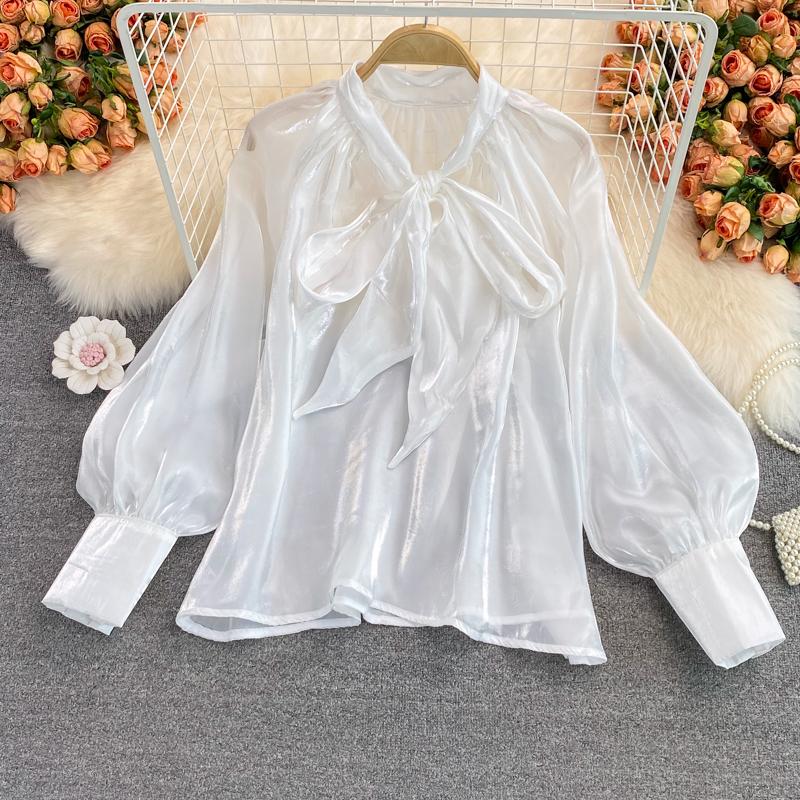Sweet Women's Blouse Solid Color Butterfly Tie Lace-up Collar Long Sleeve Loose Stright Blusas Shirt Female All-matched Fashion