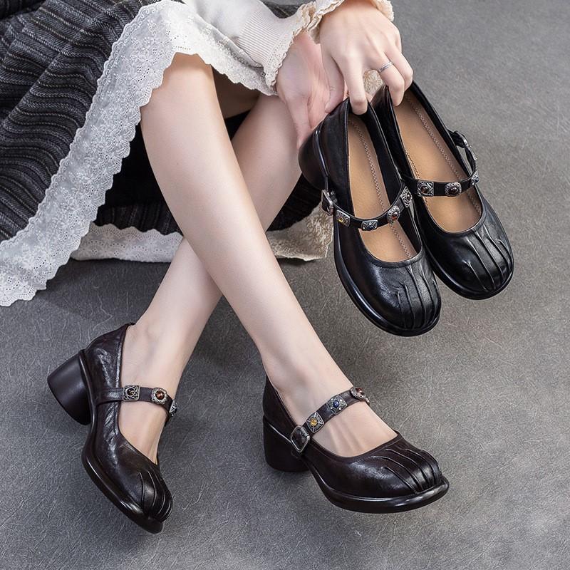 Johnature Lolita Genuine Leather Shoes Sweet Round Toe Thick Heel Wrinkled Women's Shoes