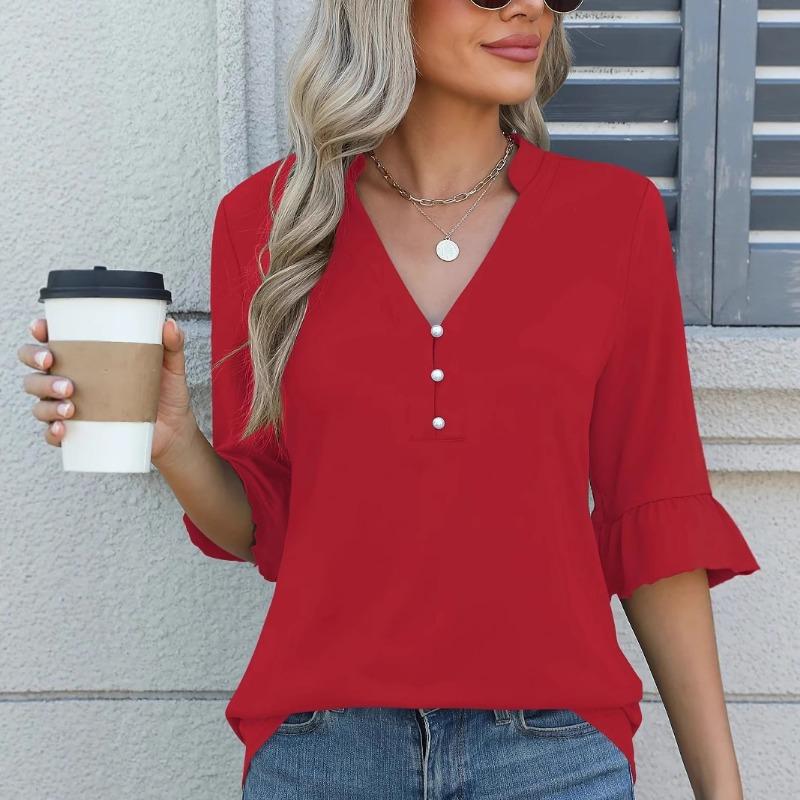 Spring Summer Blouses Women's Solid Color V-neck Mid Sleeve Irregular Top Fashion Shirt Women