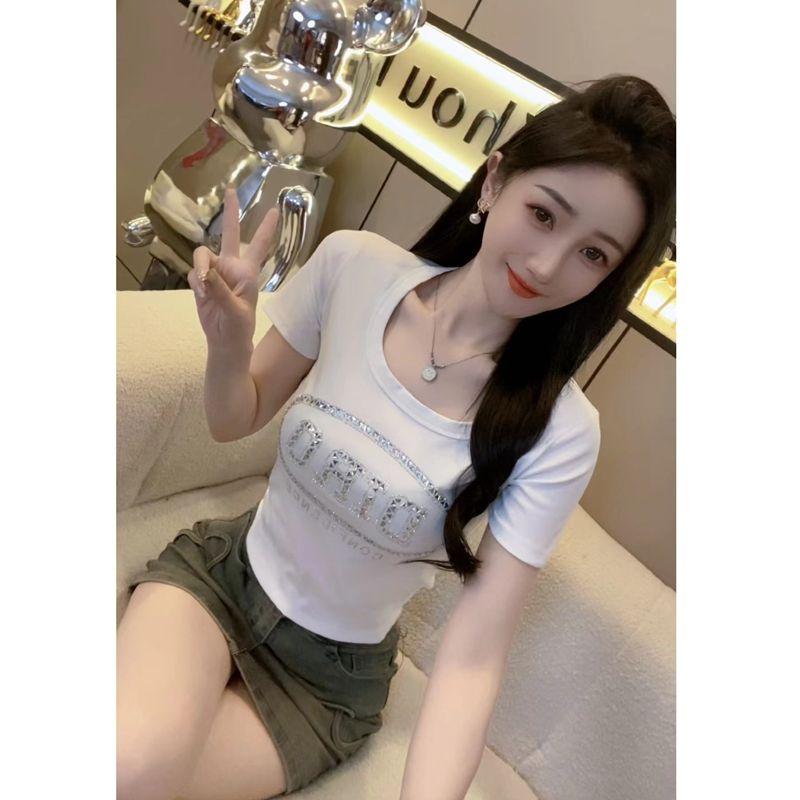 

Плечо Европейские Товары U-образный вырез Футболка с коротким рукавом Лето Приталенная Стразы White S [recommend 40.00 kg-47.50 kg]]