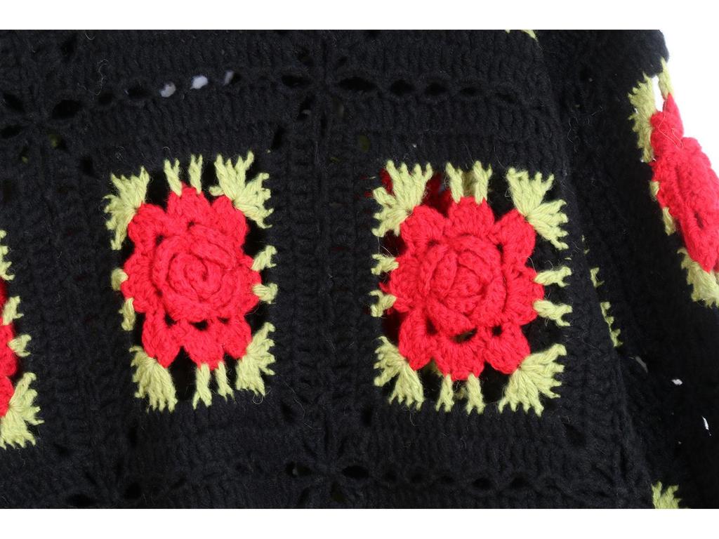 Hand-Crocheted 3D Rose V-Neck Cardigan - Solid Color, Long Sleeve, Openwork Design, Ideal for Spring & Autumn.