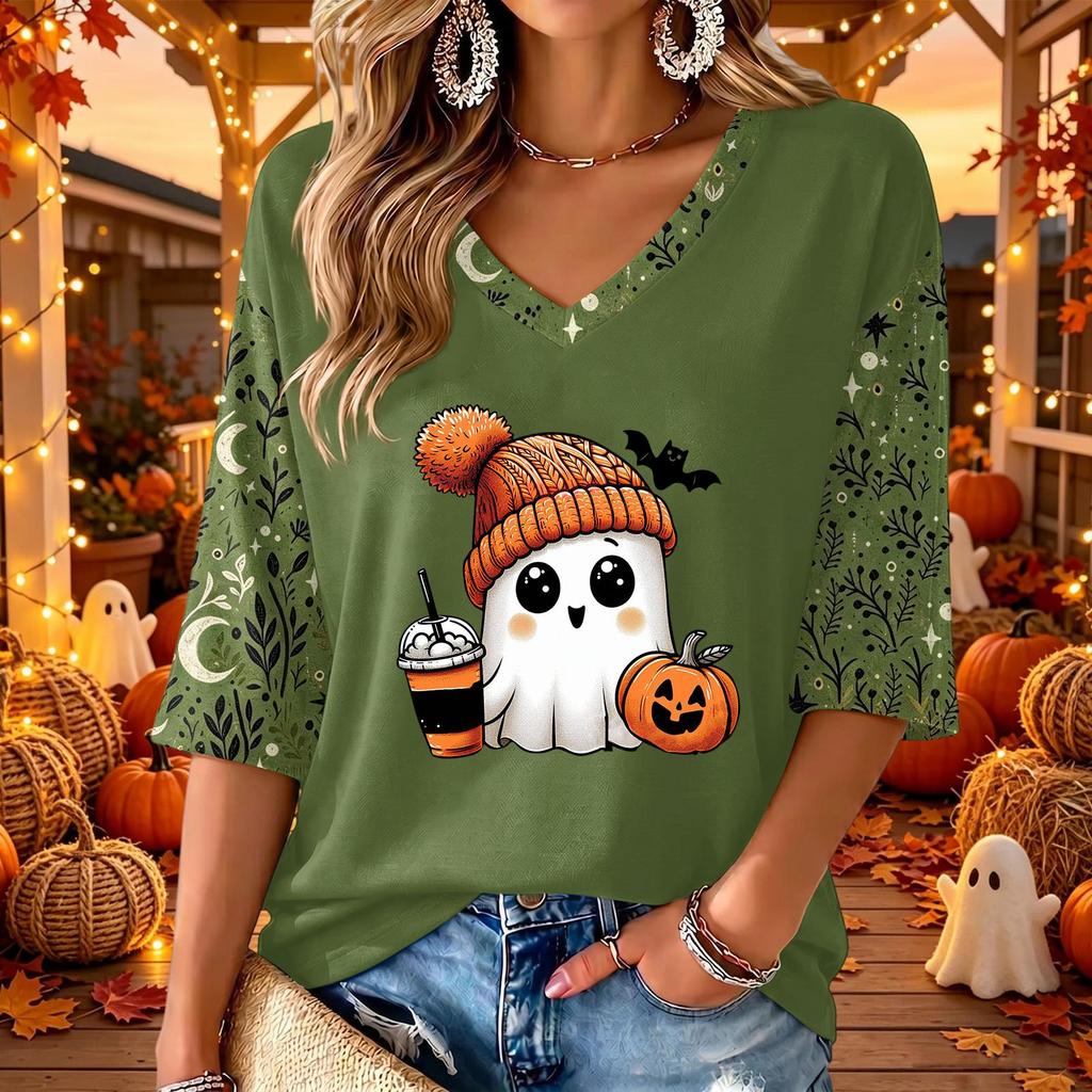 Women's V-Neck Halloween Print Casual Three-Quarter Sleeve Top