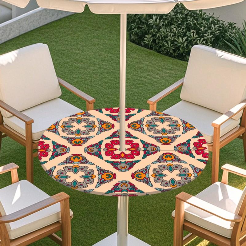 Outdoor Round Table Cover With Geometric Waterproof Elastic Hem Patio Garden Deck