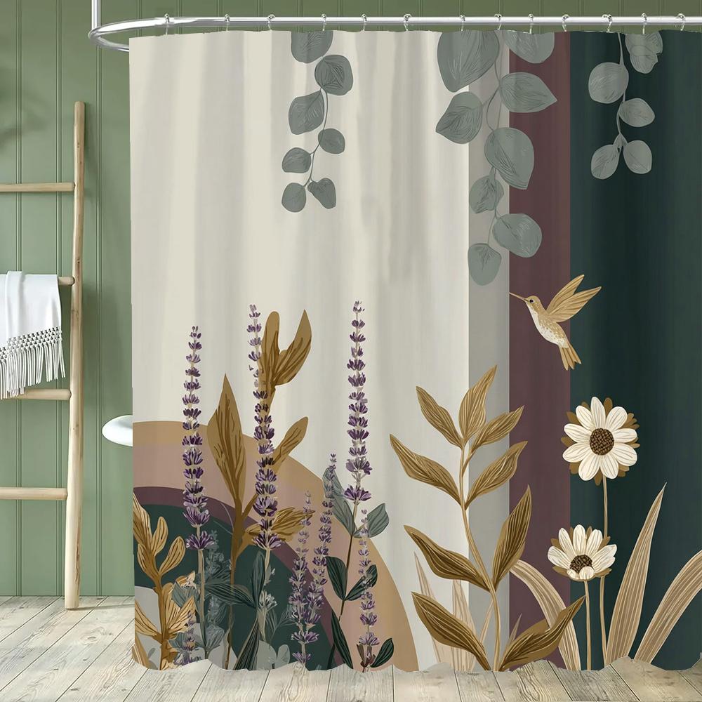 1Pc Abstract Tropical Leaf Printed Waterproof Shower Curtain With 12 Hooks, Bathroom Divider, Bathroom Decor Window Curtain