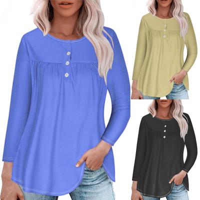Túnica de manga comprida para mulheres, ajuste solto, gola redonda, casual, botões, roupas de outono, moletons sólidos