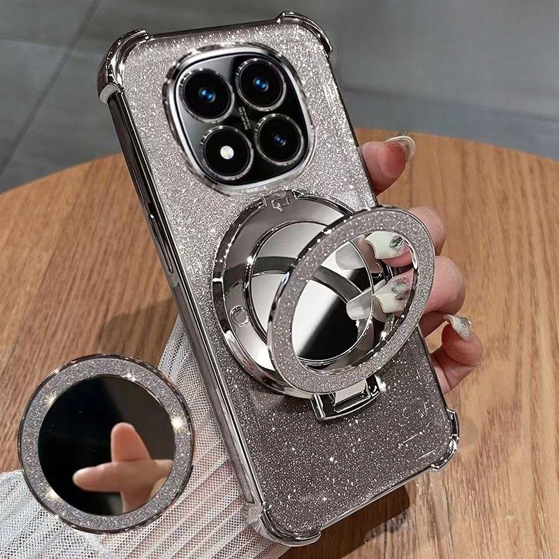 

Glitter Shockproof Silicone Case For Xiaomi POCO X7 Pro 5G Mirror Magnetic Holder Stand Soft Cover POCO X7 Pro серебряный