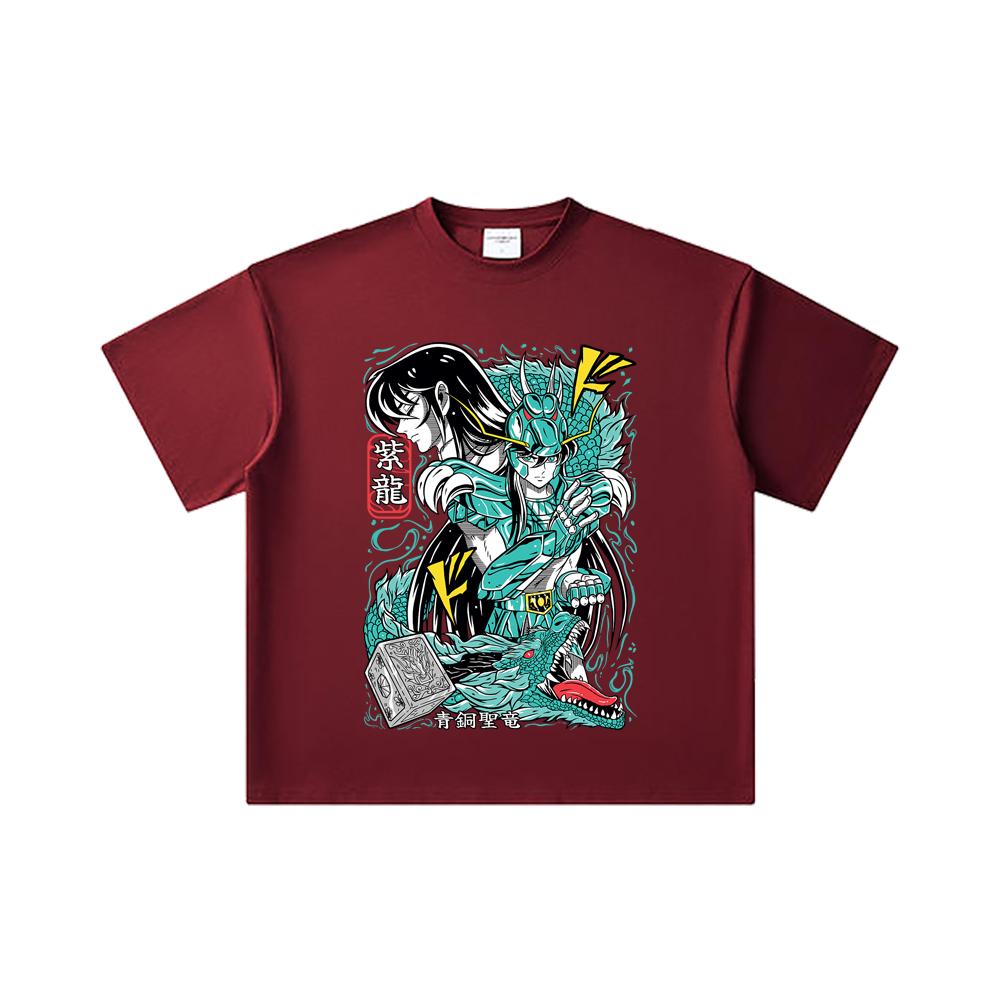 

260 GSM Double Yarn 32 Count 100% Cotton Saint Seiya V8 Shiryu Print Unisex Heavy Cotton T Shirt 2XL вина червоного кольору