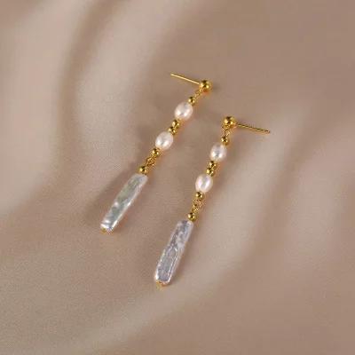 

High Quality Baroque Freshwater Pearl Beads Long Drop Earrings for Women 14K Real Gold Plated Copper Wedding Party Jewelry