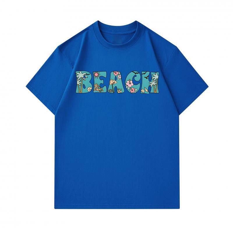 Men's 100% Cotton Crew Neck Short Sleeve T-Shirt, Casual Summer BEACH Letter Print with Palm Tree Sun Flower Pattern Soft Breathable Loose Fit Daily H