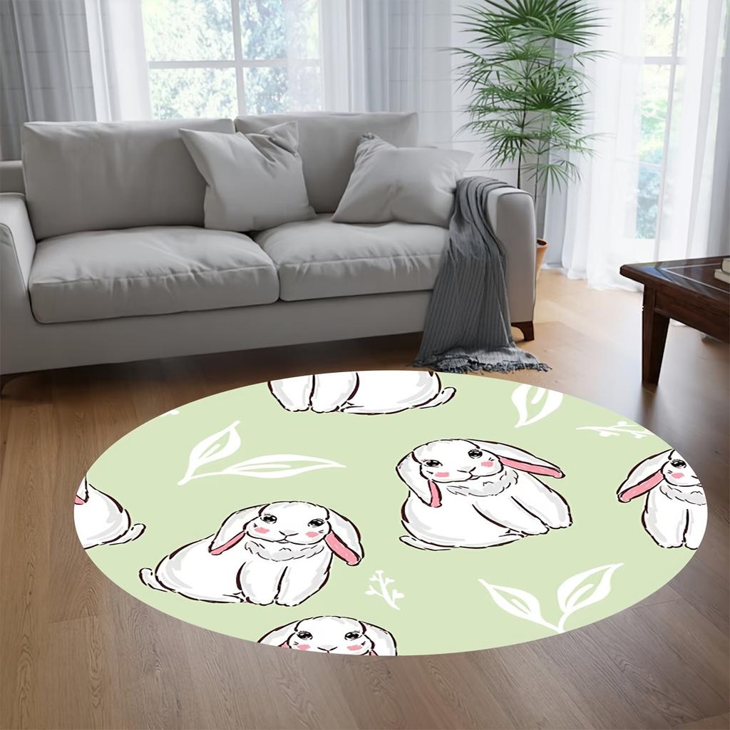 Crystal velvet carpet2D Flat Print, not 3D, 1pc Cute Bunny Pattern Round Mat- Soft, Non-Slip, Washable Flannel Mat with Mint Gre