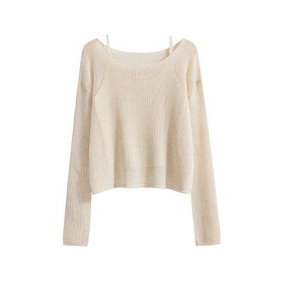 Suéter casual de punto para mujer cuello barco holgado manga larga corto transparente