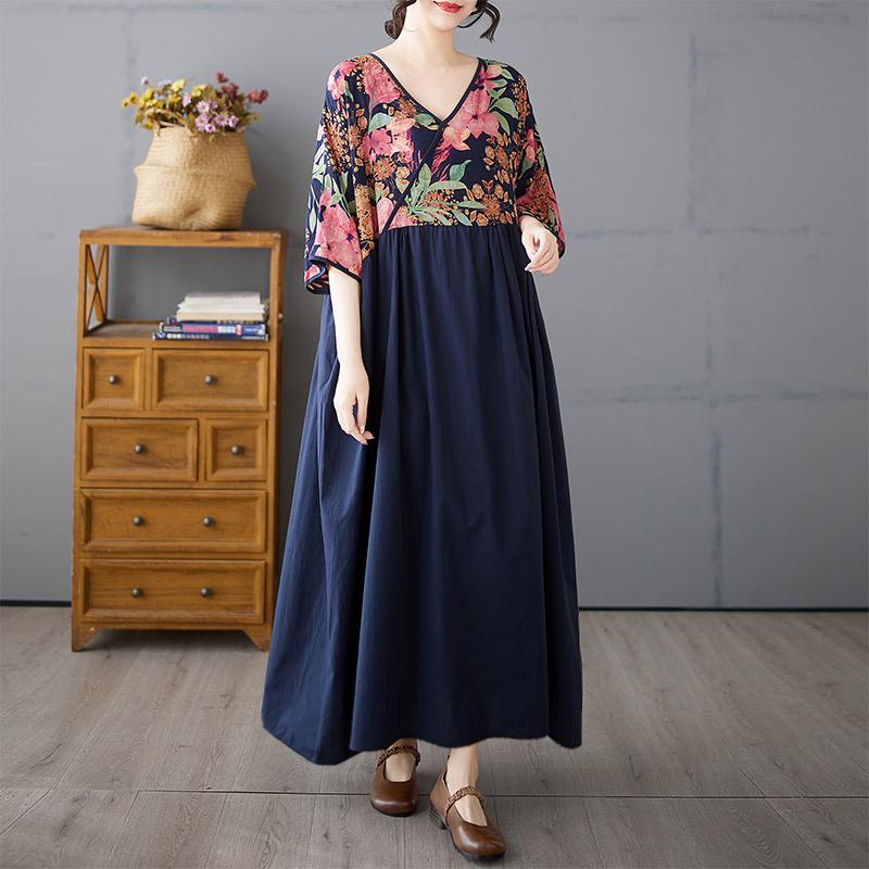 Dimanaf 2025 Talla Grande Verano Mujeres Vestido Básico Estampado Floral Vintage Casual Suelto Empalmado Vestido Largo