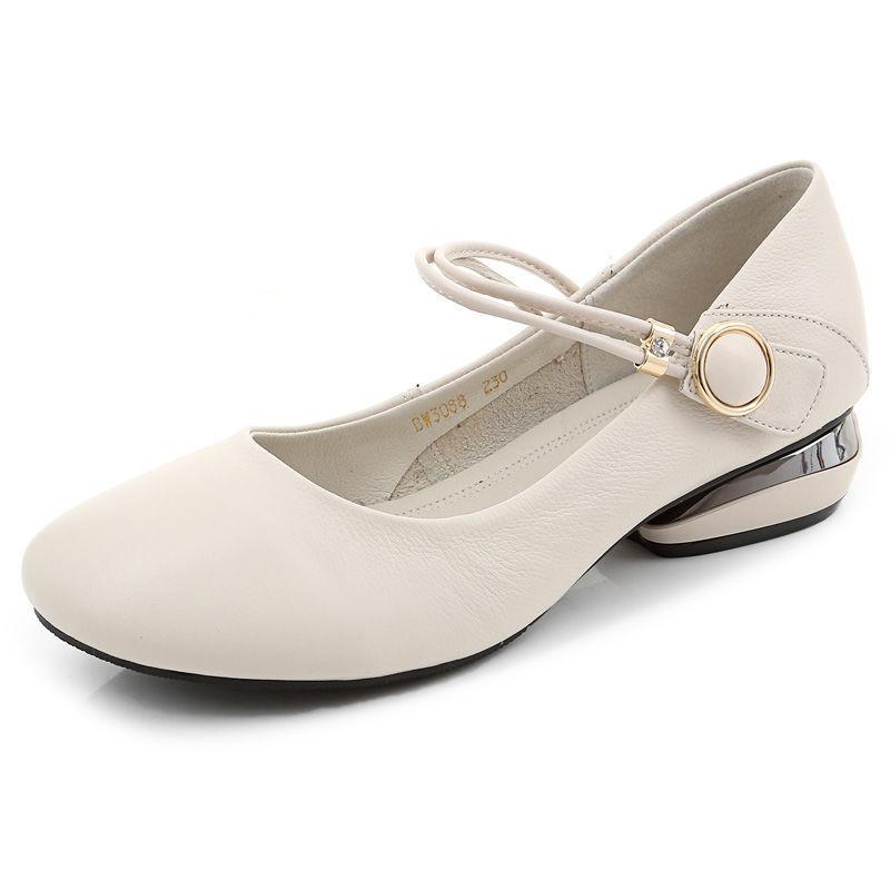 2025 spring and autumn shallow mouth soft sole mother shoes versatile soft leather Doudou shoes thick heel women's leather shoes round head low heel