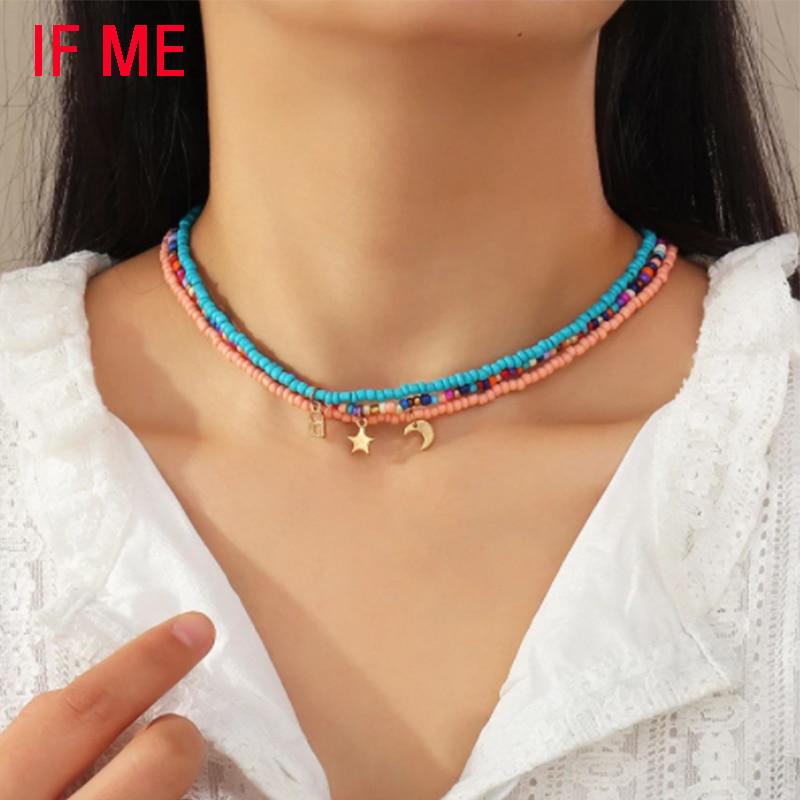 iF ME Bohémsky viacvrstvový rokajl Star Moon Butterfly Náhrdelník s príveskom pre ženy Módny plážový jednoduchý uzamykací golier darček