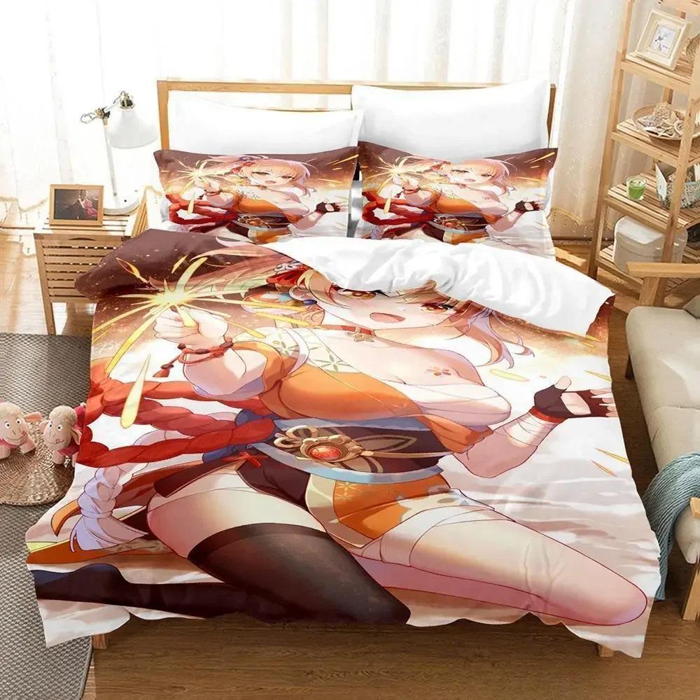 Game Yoimiya Genshin Impact Bedding Set Cartoon Anime Three-piece Set Adult Kid Bedroom Duvet Cover Sets 3D Kawaii Girls